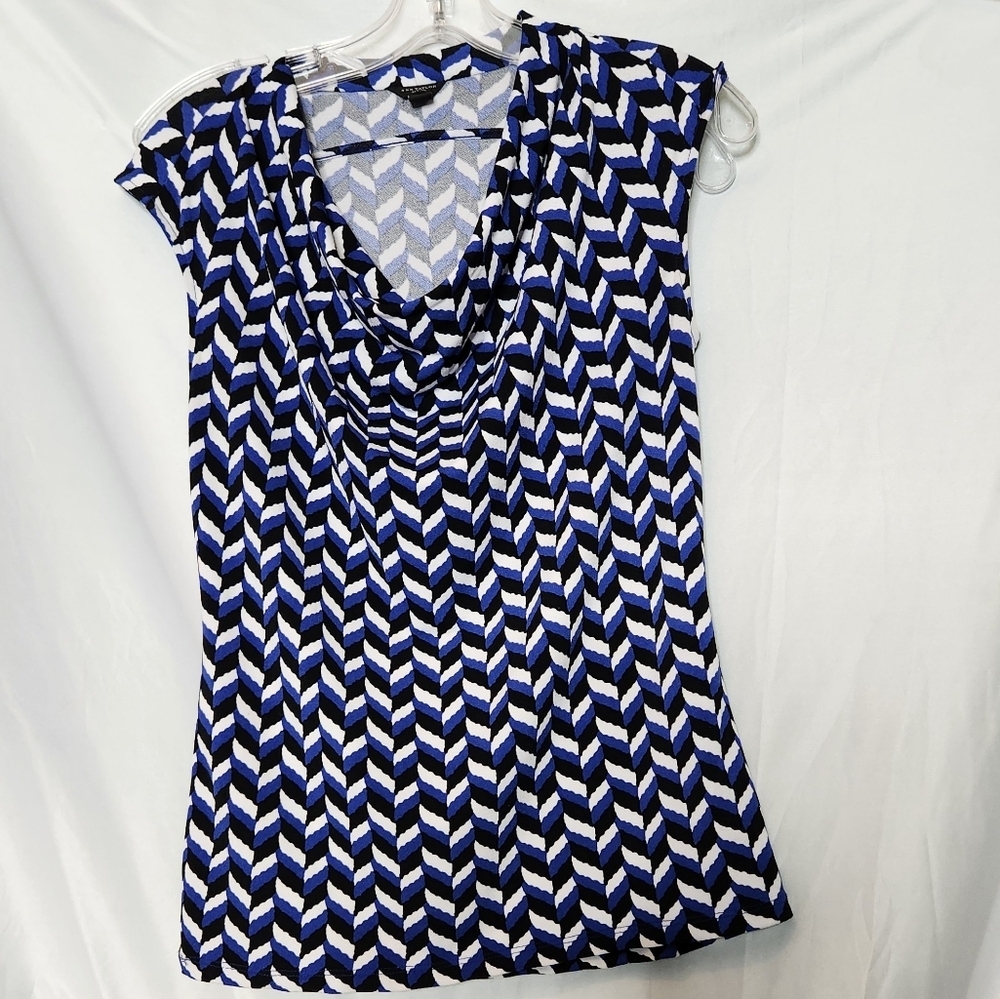 Ann Taylor Petite Blue & Black Zigzag Blouse with Cowl Neck